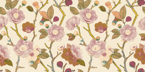 a floral pattern featuring large, blooming flowers, buds, and leaves on delicate, intertwining branches, all set against a cream background. The flowers and leaves are rendered in warm, earthy tones o