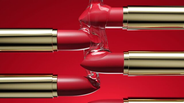 Slow motion Liquid being poured onto a gorgeous red glossy lipstick in a close-up shot. 3D Animation.