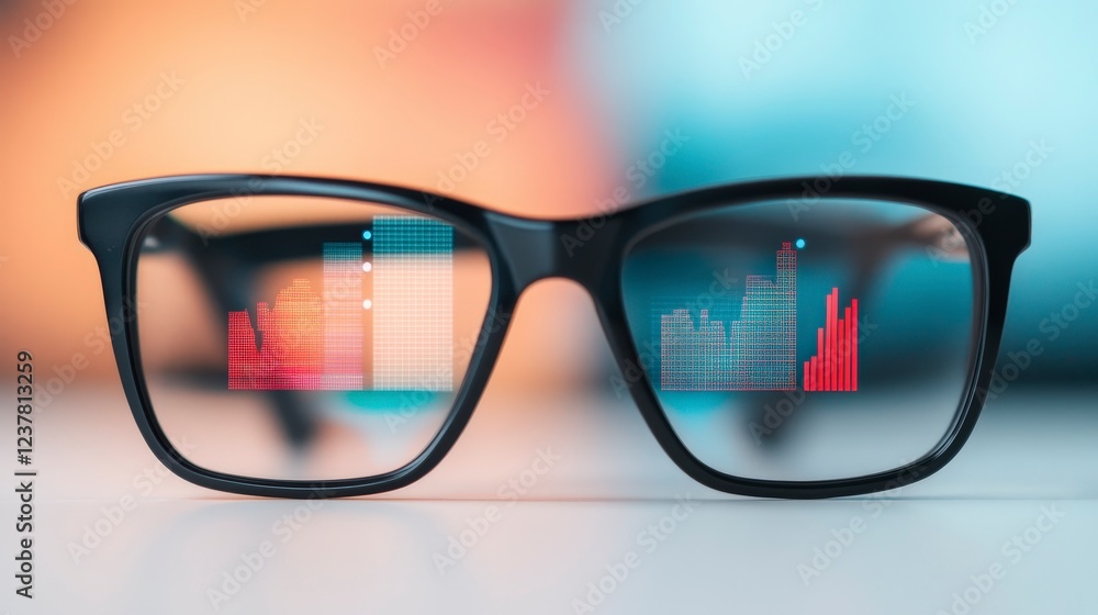 Poster glasses reflecting data graphs and digital information on a modern background