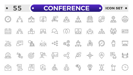 Conference set of web icons in line style. Live webinar icons for web and mobile app. Containing conference, business meeting, classroom, team, interview, meeting, work, discussion and more.