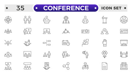 Conference set of web icons in line style. Live webinar icons for web and mobile app. Containing conference, business meeting, classroom, team, interview, meeting, work, discussion and more.