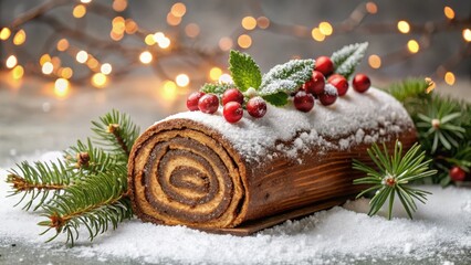 A Festive Yule Log Cake Decorated with Cranberries and Sugar Powder, Nestled Amongst Evergreen Branches and Soft Winter Snow, Illuminated by a Warm, Blurry Background of Festive Lights