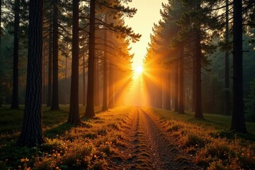 Obraz premium Towering pine trees illuminate forest path under golden autumn sky, golden hours, natural light, woodland scenery