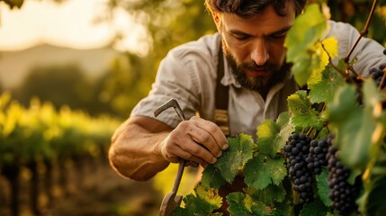 A farmer carefully pruning grapevines in a sunlit vineyard, surrounded by lush green foliage and ripe grape clusters during harvest season
