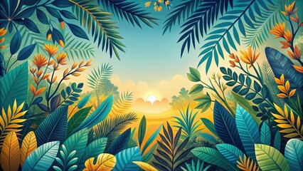 Serene Sunset Vista Through Lush Tropical Foliage, A Vibrant Display of Exotic Plant Life at Golden Hour