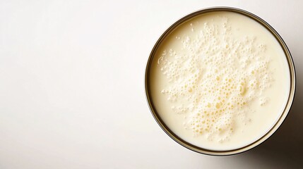 Fresh Creamy Milk in Round Metallic Bowl on White Surface