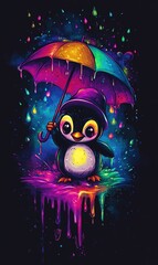 Obraz premium Cute Penguin Under Colorful Umbrella Neon Rain Psychedelic Art
