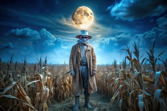 A mysterious figure, cloaked in weathered attire, stands amidst a withered cornfield under a colossal moon, a scene of enigmatic solitude and haunting beauty.