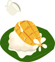 Mango sticky rice illustration. Thailand food clipart.