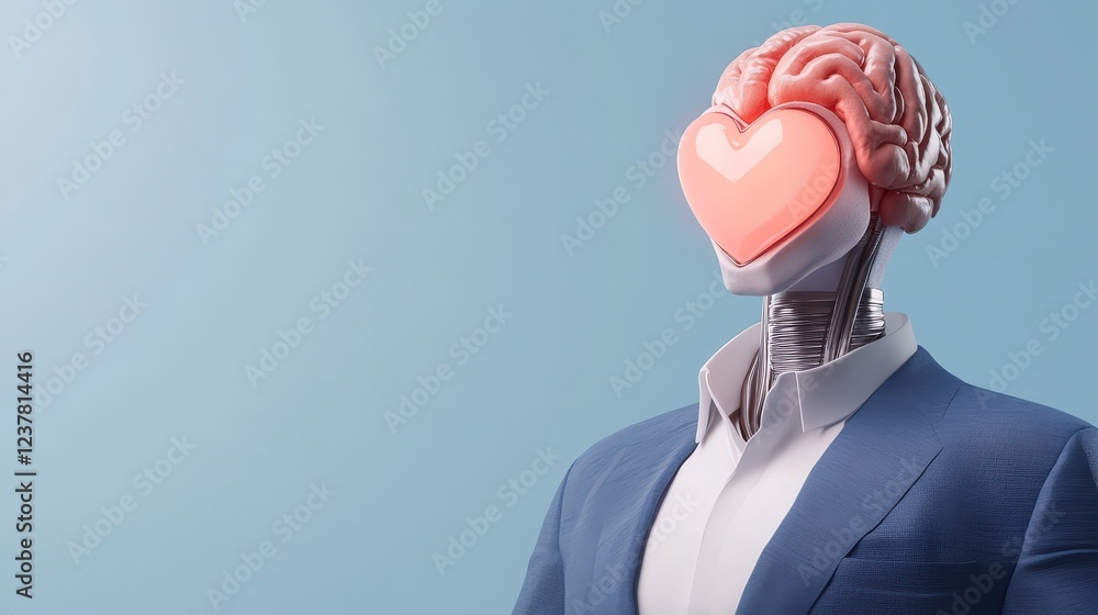 Poster robotic figure with brain and heart symbol representing emotion and technology