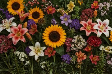Vibrant Botanical Flowers of Sunflowers, Lilies, and Roses on Lush Green Background