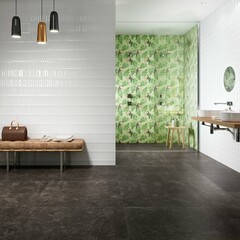 White marble and green patterned wall bathroom with a shower area and a make up shelf. A double sinks on wooden surface, dark marble on floor. Concept of a modern house design. Mockup. 3D Rendering