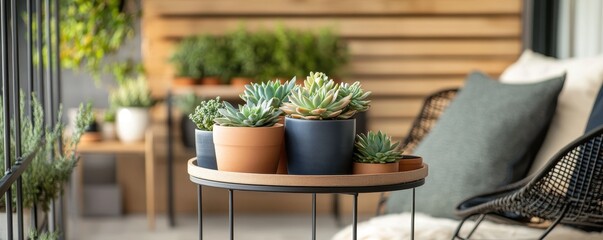 Fototapeta premium Charming urban balcony adorned with DIY succulent planters, creating a cozy green retreat in the city.