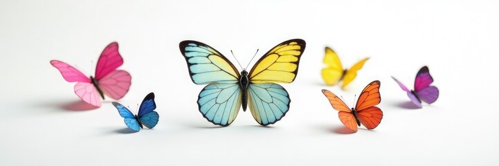 Fototapeta premium Monochromatic butterflies on a stark white ground, minimalist, colorful