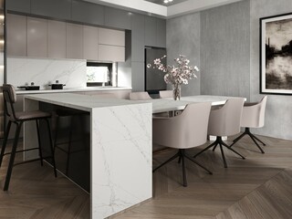 Modern kitchen with illuminated island, wooden stools, and stylish decor elements, copy space, ceramic dining table in center with luxury chairs, poster on empty concrete wall, wooden furniture. 3D