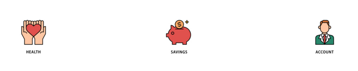 HSA icon set flow process which consists of healthcare, growth, id card, and accounting icon live stroke and easy to edit .