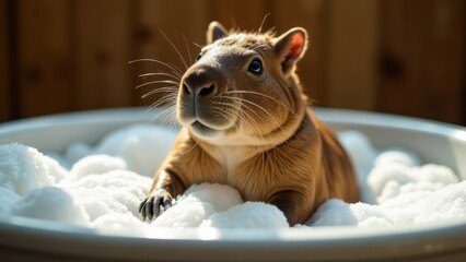 A capybara relaxes in a bubble bath