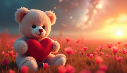 Fototapeta premium Dreamy Galaxy Scene: Teddy Bear Embracing Love in a Starlit Meadow