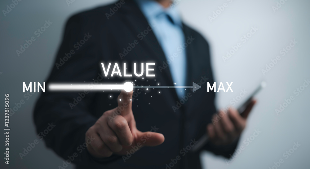 Aufkleber businessman with futuristic digital value scale, adjusting the level between minimum and maximum. bu