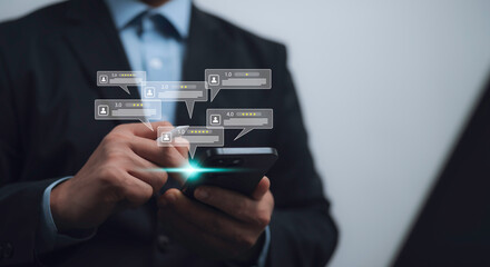 Businessman analyzing online customer reviews and ratings through a futuristic digital interface,...