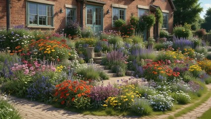 Traditional English country yard with a mix of annuals and perennials , flowers, country, garden