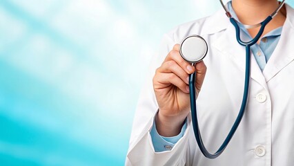 Female Doctor Holding Stethoscope in a Bright Medical Environment with Soft Blue Background