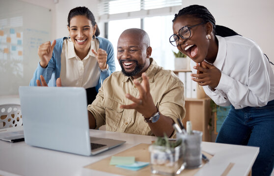 Business, team and celebration with laptop in office for app development success and positive client feedback. Web developer, people and cheering for programming solution, passion and server update