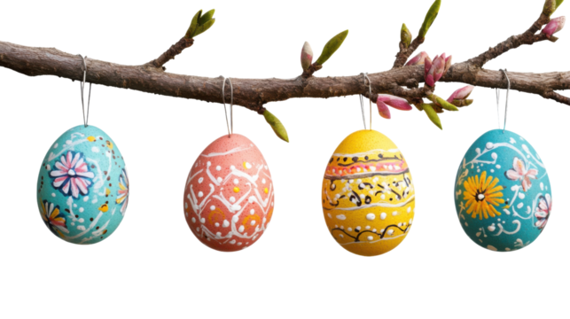 Four hand-painted easter eggs hanging from a blooming branch with transparent background