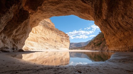 Canyon cave river reflection landscape, travel photo