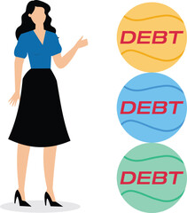 More and more debt, debt problems, overloaded debt or expense payments, financial lending risks and crises, businesswomen stacking higher and higher iron balls of debt