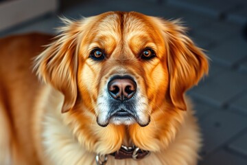 A close-up of a golden retriever with captivating eyes and luxurious golden fur, exuding intelligence and calmness