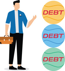 More and more debt, debt problems, overloaded debt or expense payments, financial lending risks and crises, businessmen stacking higher and higher iron balls of debt