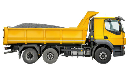 Yellow tipper lorry carrying gravel on transparent background