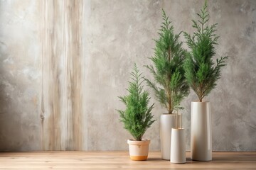 Elegant potted evergreen plants arranged on a wooden surface against a textured wall