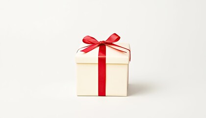 Obraz premium Elegant white gift box with a red ribbon, set against a minimalistic background, ideal for celebrations