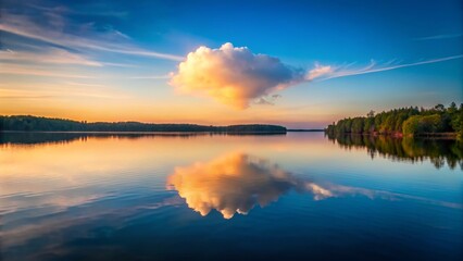 Obraz premium Serene Lake Reflection at Sunset with Colorful Cloud Above