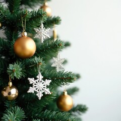 Snowflake-shaped ornaments in metallic silver and gold hanging from the branches of a tall Christmas tree, frosty, ornaments, lacy