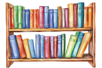 Naklejka premium A colorful bookshelf filled with various books arranged neatly on two wooden shelves.