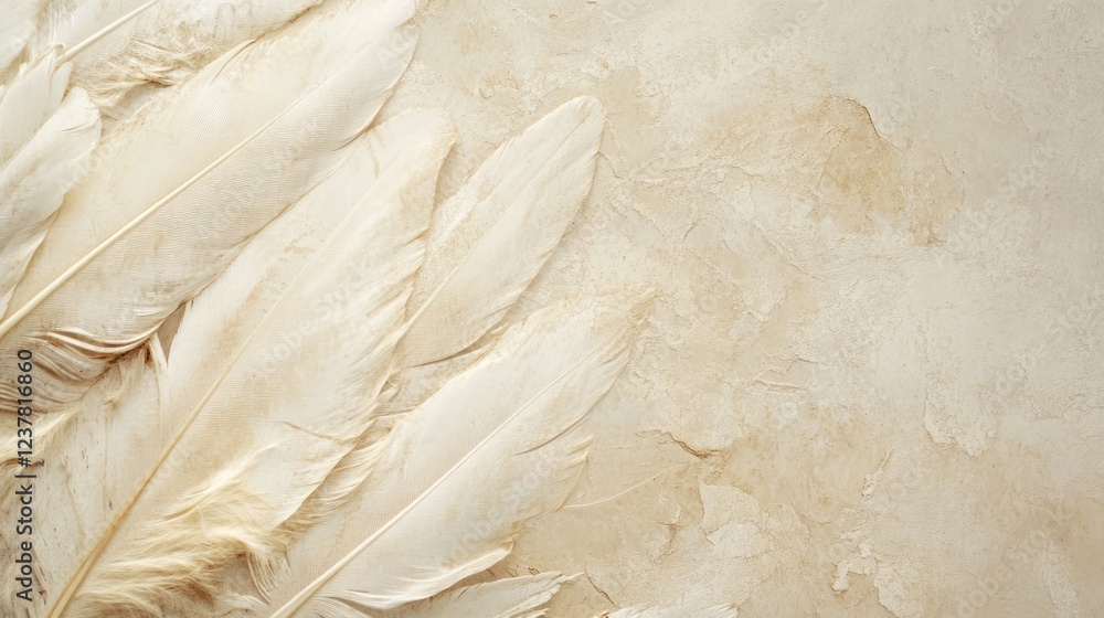 Poster soft white feathers arranged on a textured background, creating a serene and elegant composition.