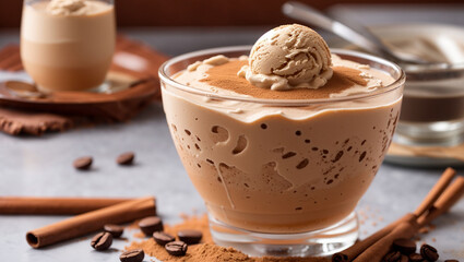 This image displays a close-up of a chocolate mousse dessert with a scoop of ice cream on top.