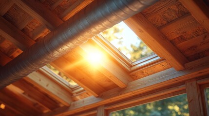 Obraz premium Attic Roof with Skylight and Sunlight. Generative AI