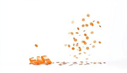 Vibrant orange confetti and ribbon cascading against a white background, celebrating joy