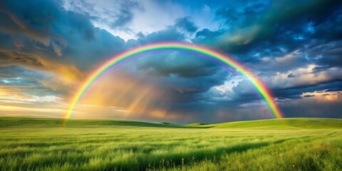 Obraz premium Vibrant Rainbow Arching Over Lush Green Fields Under Dramatic Sky