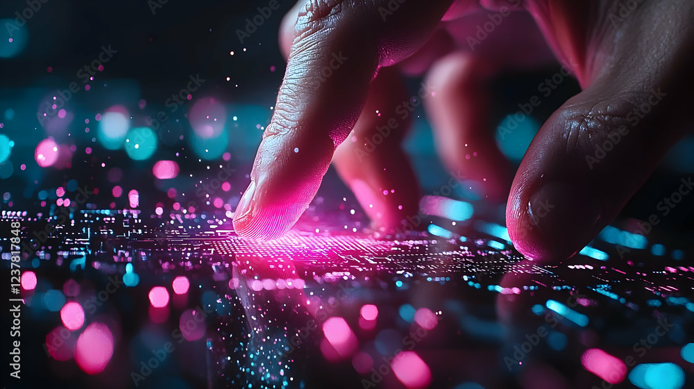 Poster fingertip interacts with digital data; glowing bokeh background
