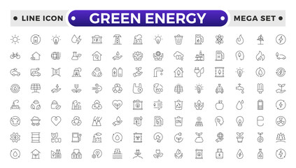 Green Energy outline icon. Recycling Symbol, Solar Panel, Wind Turbine, Electric Vehicle, Eco-Friendly, Eco-Friendly Home, Water Conservation, Green Energy Light Bulb, Tree Planting, Compost Bin.