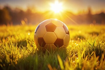 Golden Hour Soccer Ball Resting on Lush Grass Field