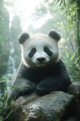 Fototapeta premium A giant panda sitting on rock in the bamboo forest.