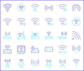 Signal And Wireless Technology Icon Set. Vector collection of basic, infographic, wifi, internet, connection, wifi free, network and smartphone elements symbols or logo element.