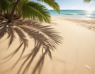 Fototapeta premium Sunlit palm leaf shadows on sandy tropical beach backdrop, exotic, peaceful, textured background
