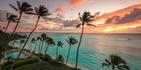 Obraz premium Sunset over turquoise ocean with swaying palm trees, golden hour, turquoise ocean, sandy shore, tropical